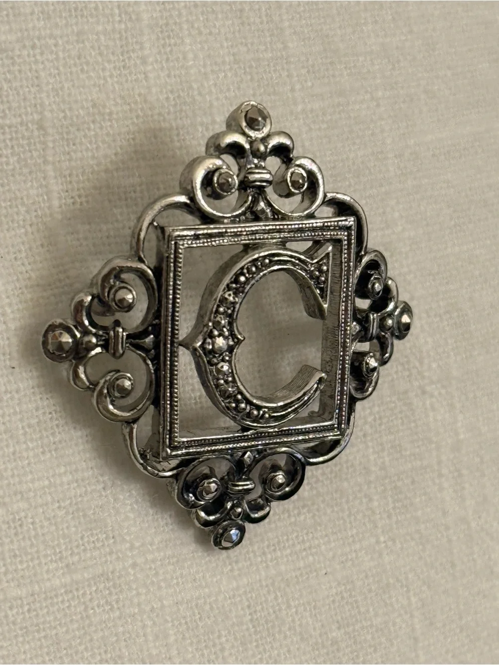 Vintage Avon 1991 Letter C Monogram Brooch Pin Silvertone Marcasite 1.5